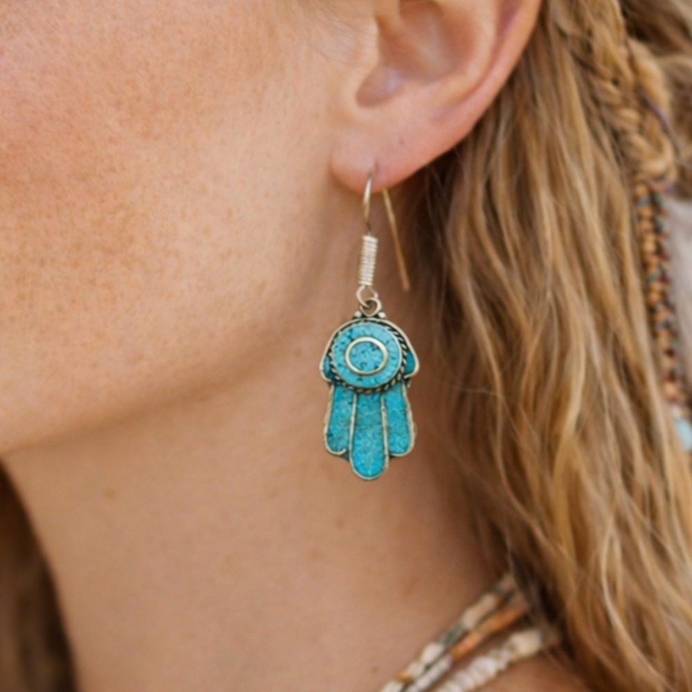 Tibetan Handmade Dangle Earrings Turquoise Gemstones‎ #0151